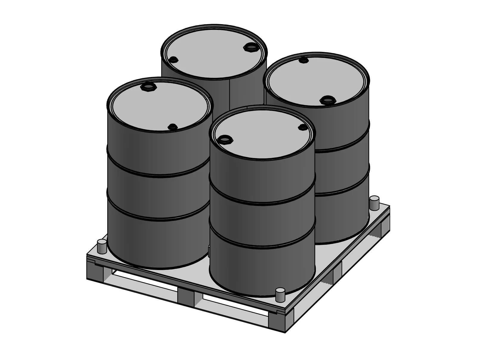 Four 55-gallon drums positioned on a custom steel pallet