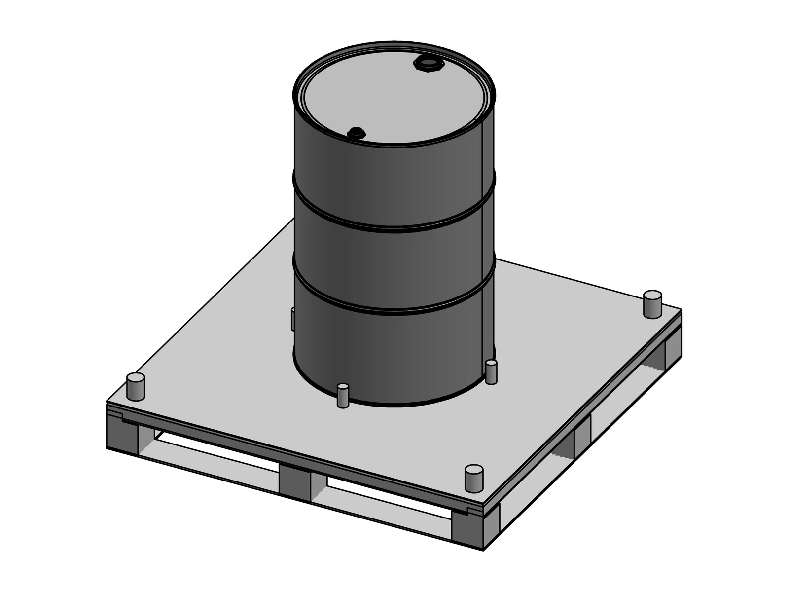Single 55-gallon drum positioned on a custom steel pallet