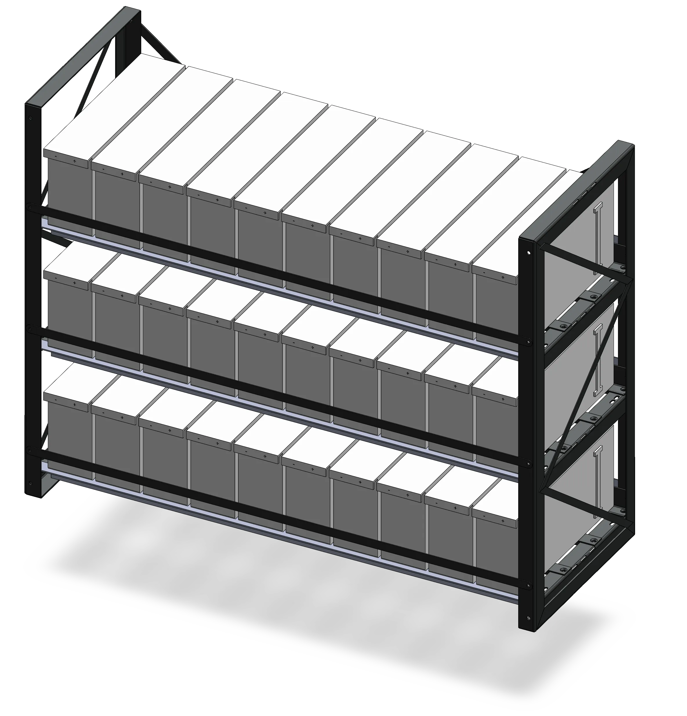 Long-span three-tier battery rack for larger cells