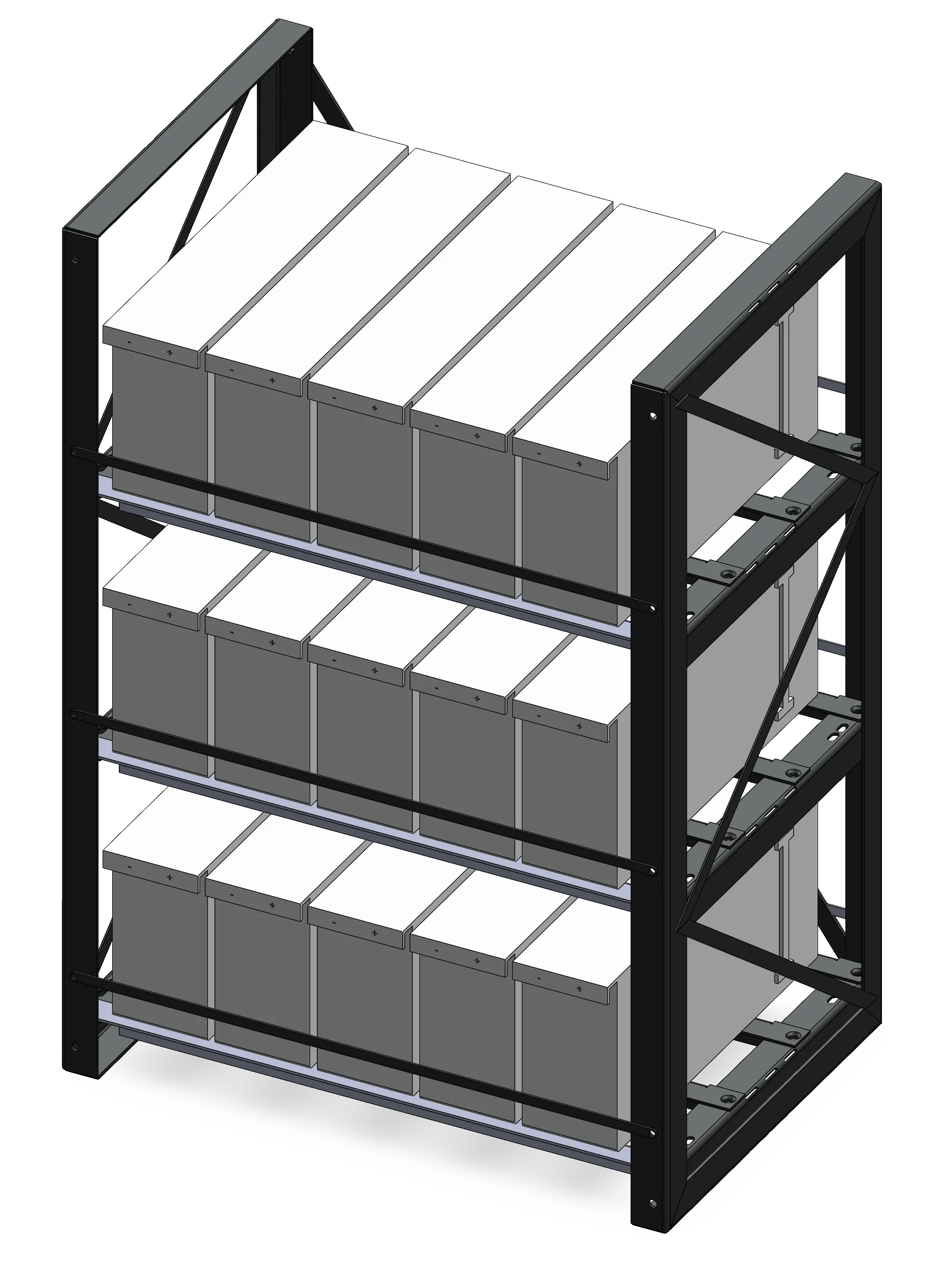 Three-tier industrial battery rack with reinforced cross-bracing
