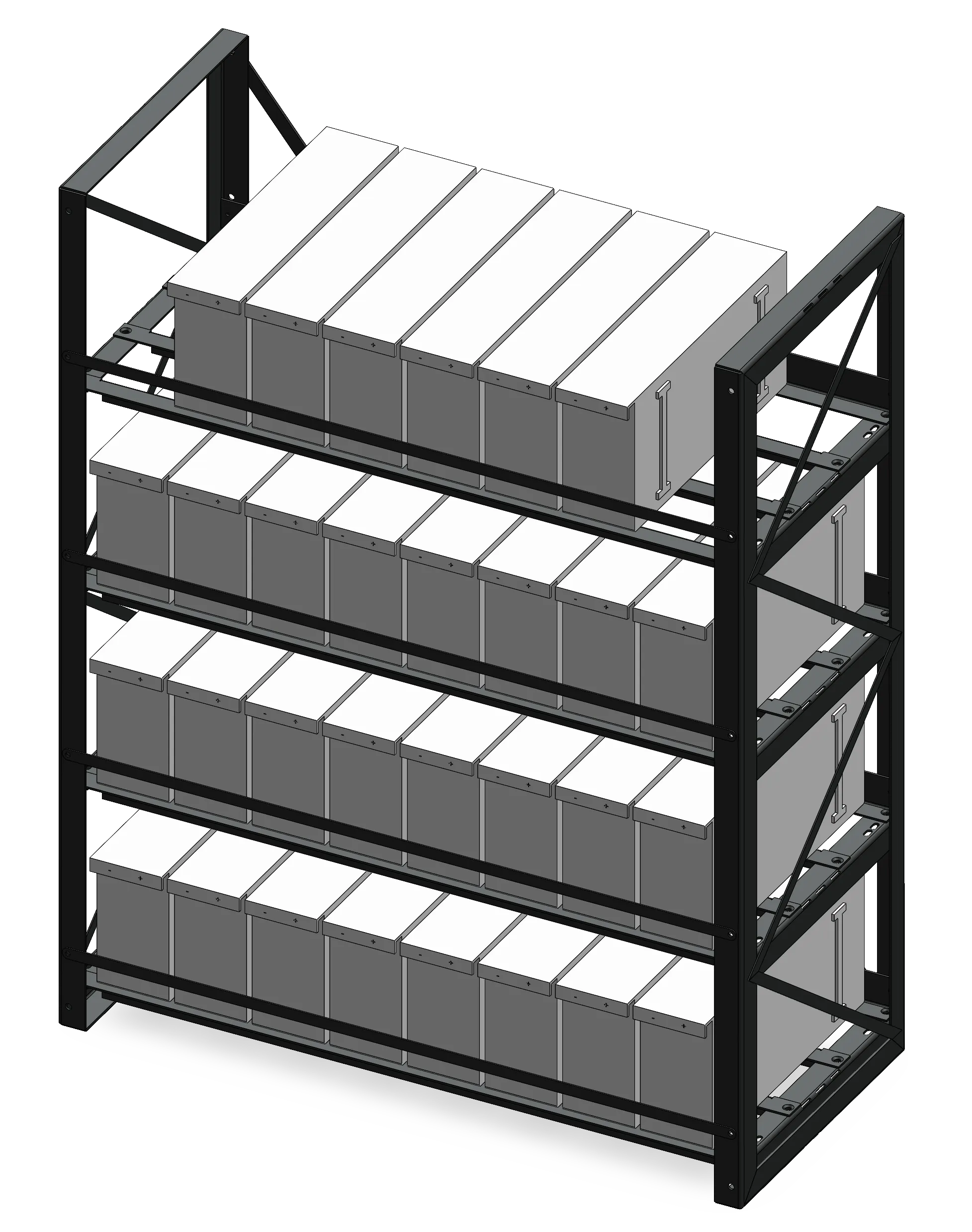 Four-tier battery rack with cross-bracing for seismic installations